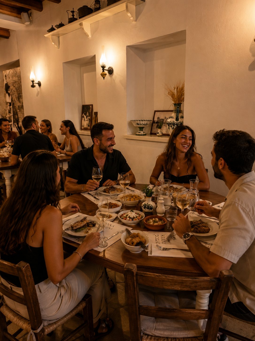 Friends over dinner in the whitewashed dining room