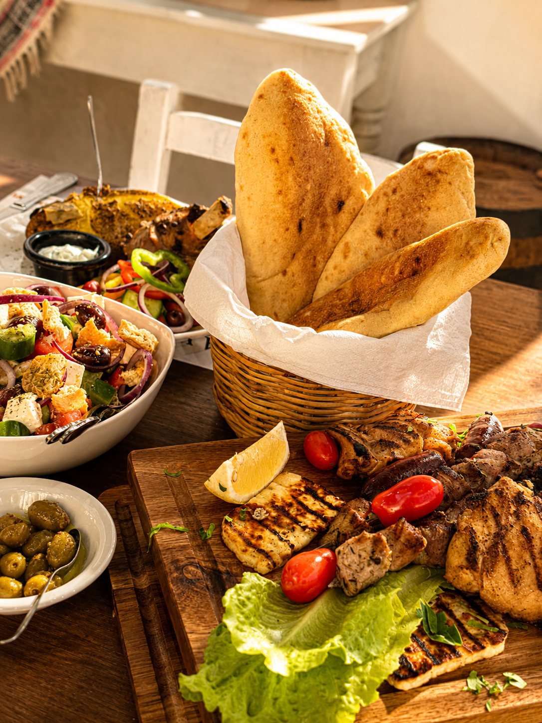 Mixed grill with warm pitta and olives