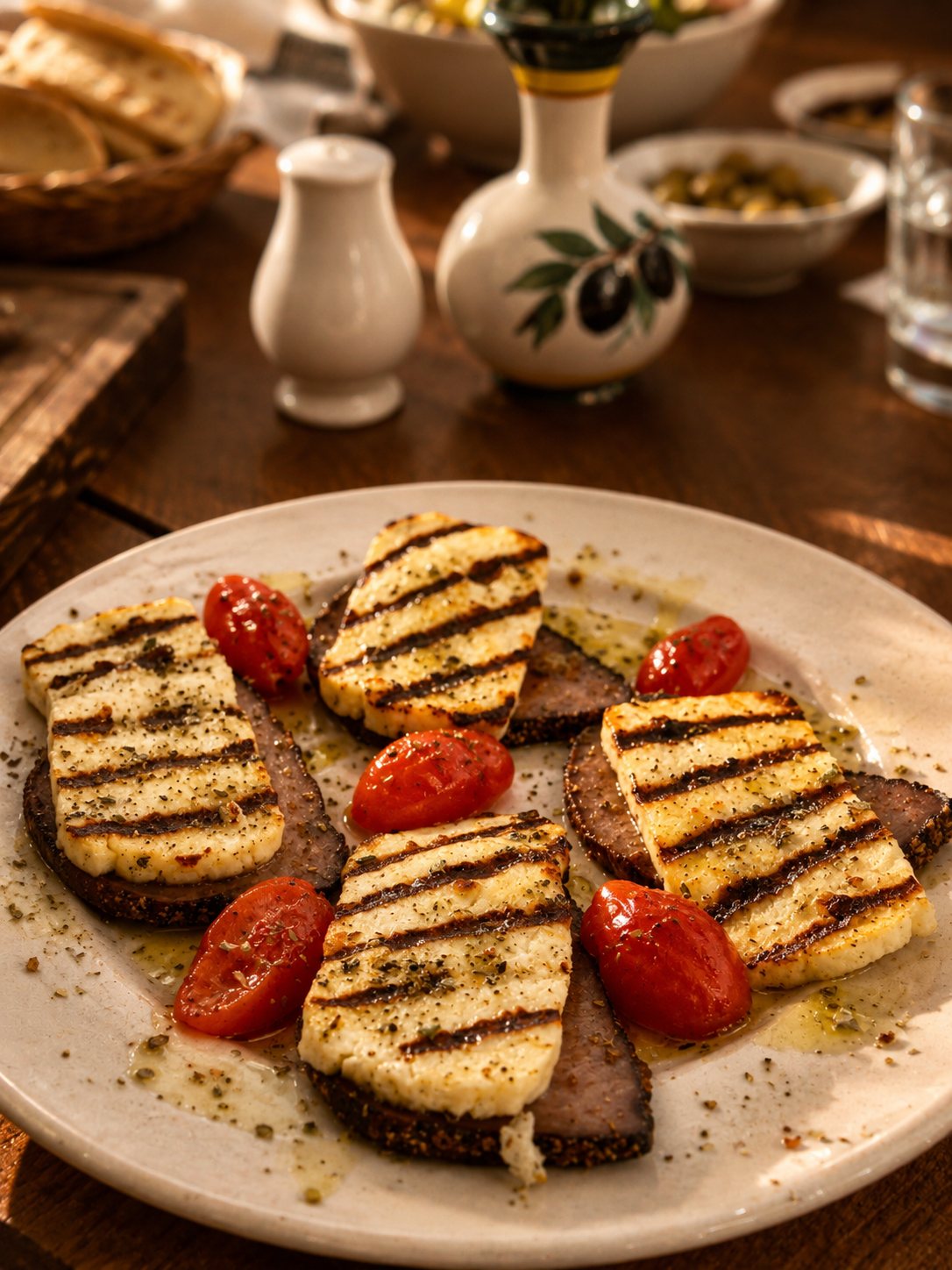 Grilled halloumi and lounza with roasted tomato
