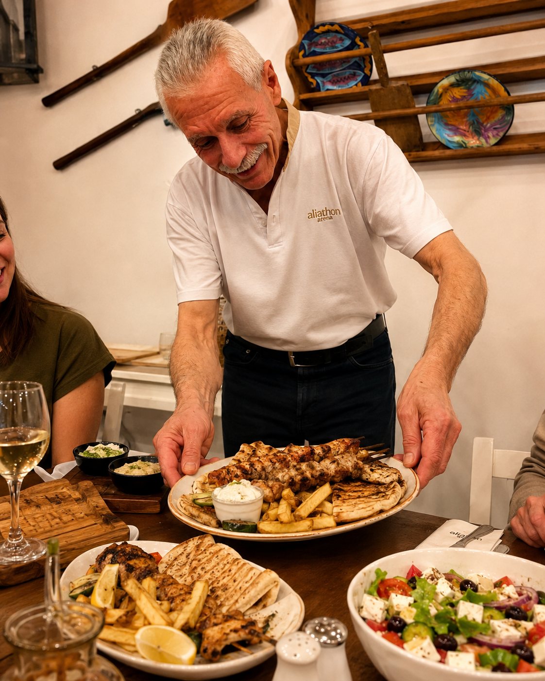 A waiter setting down a platter of souvlaki with pitta and tzatziki