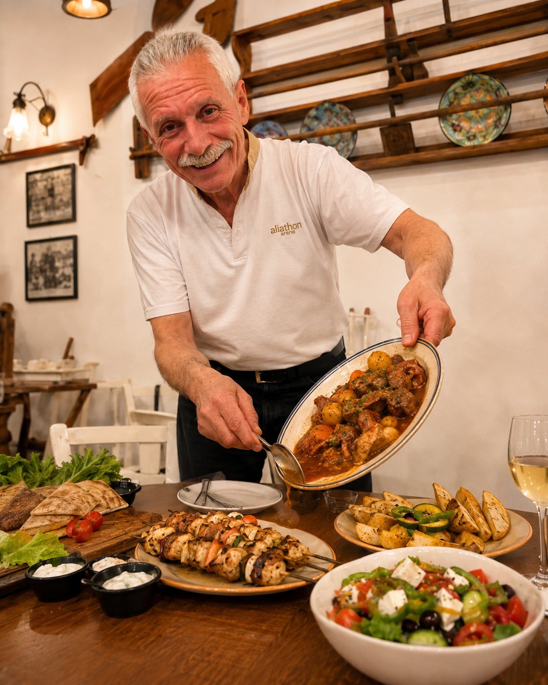 A waiter spooning beef stifado at the table
