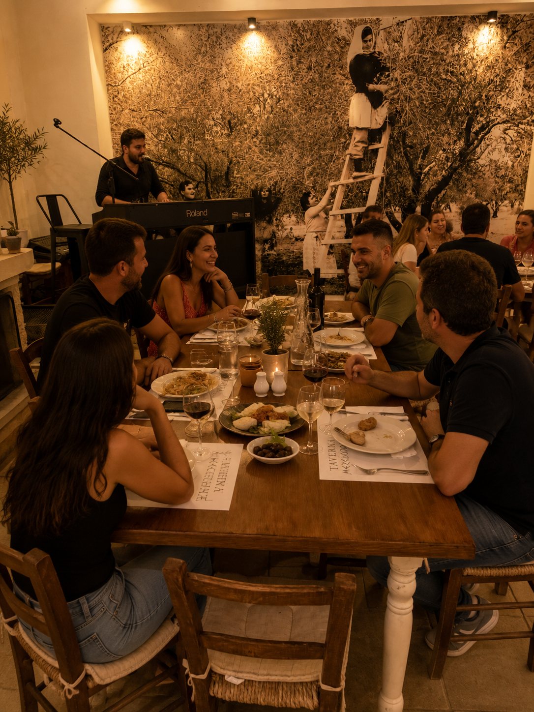 Live Cypriot music beside the olive-grove mural