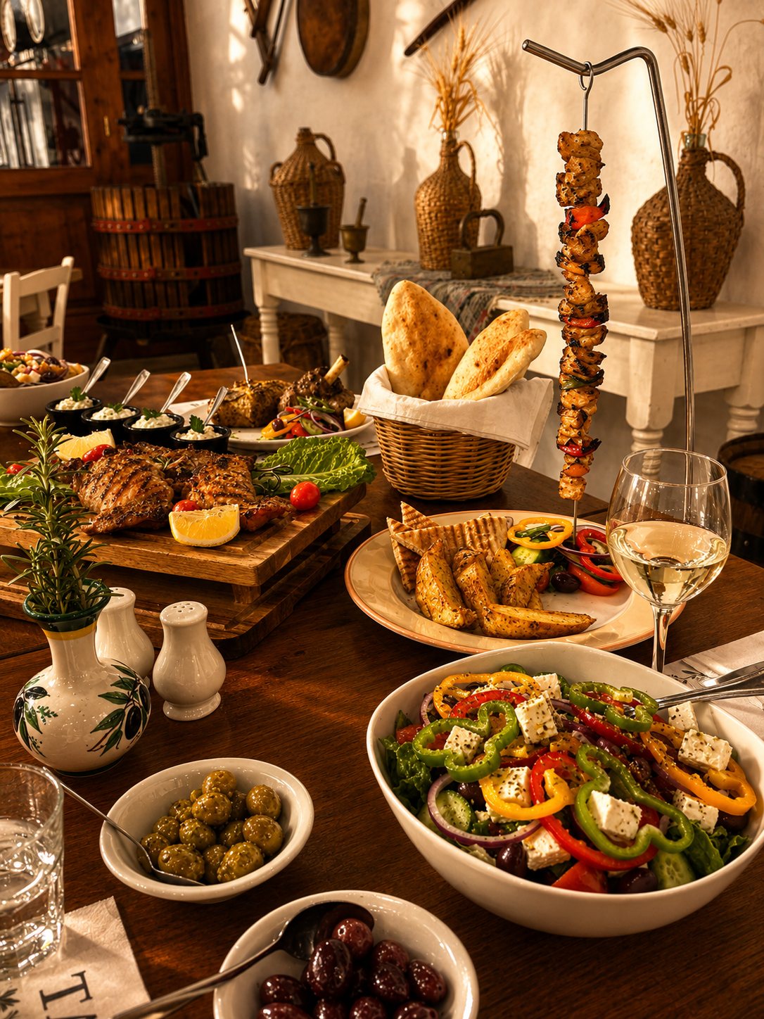 A table of salads, grills, olives and wine