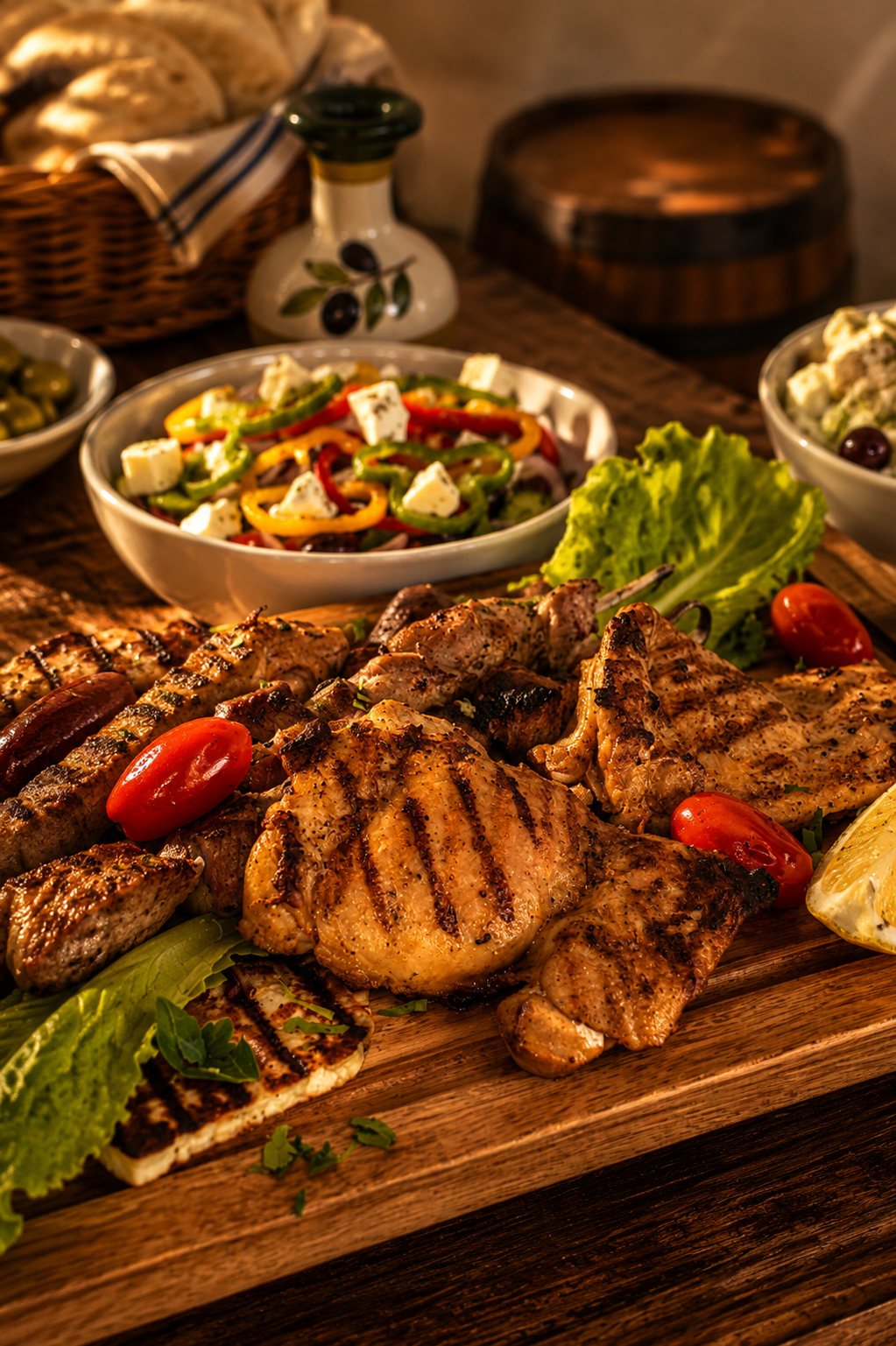 A wooden board of grilled meats, halloumi and salad