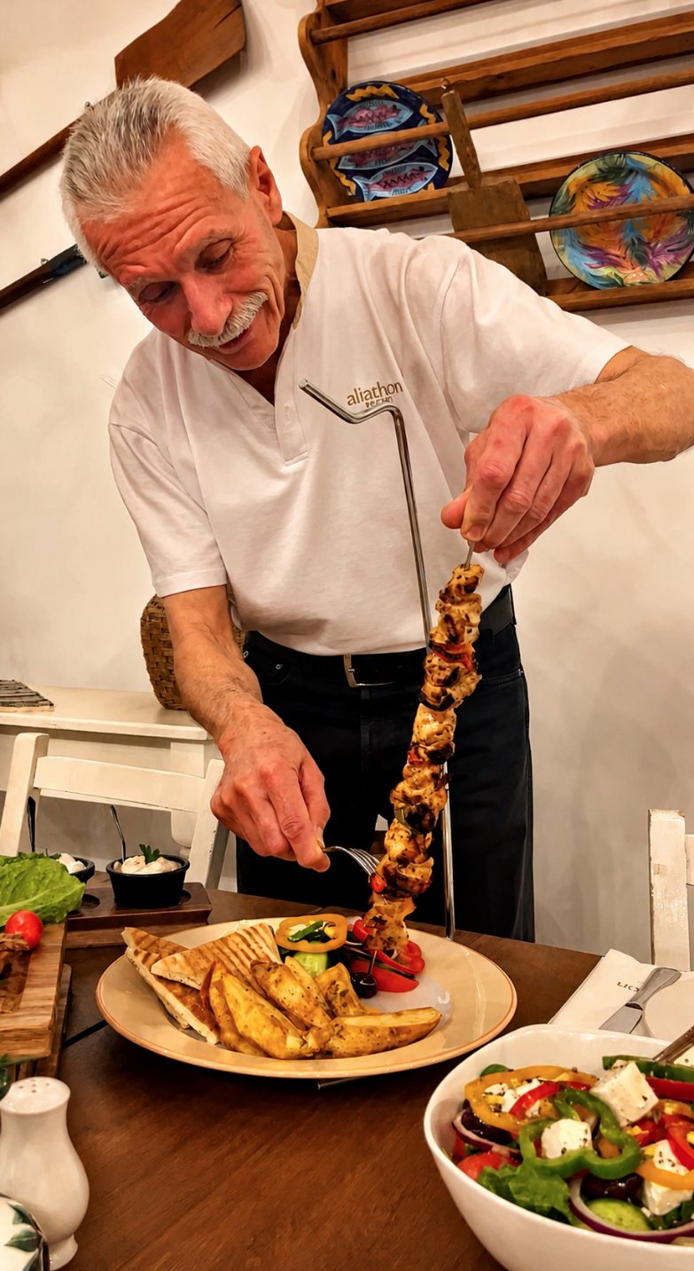 Chicken souvla lifted off the skewer at the table