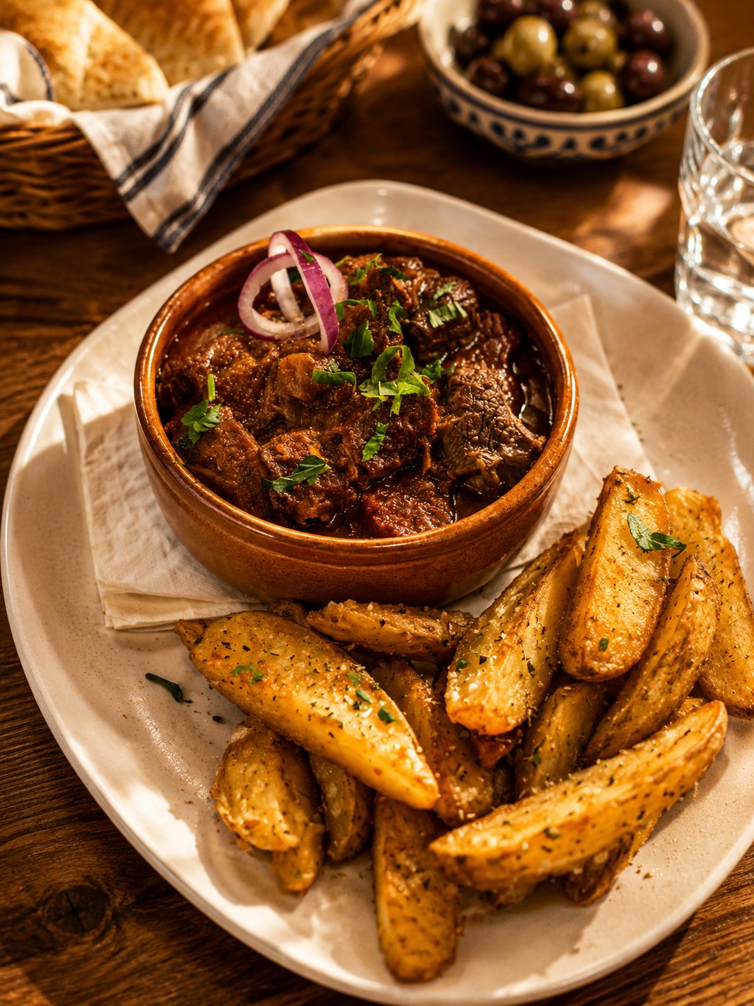Beef stifado with oregano potato wedges